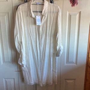 Blue Island NWT Textured Cotton-Linen Blend Long Sleeve Pockets Cover-up Dress